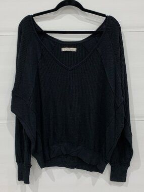 Free People Santa Clara Thermal Size Small Black Long Sleeve V-Neck